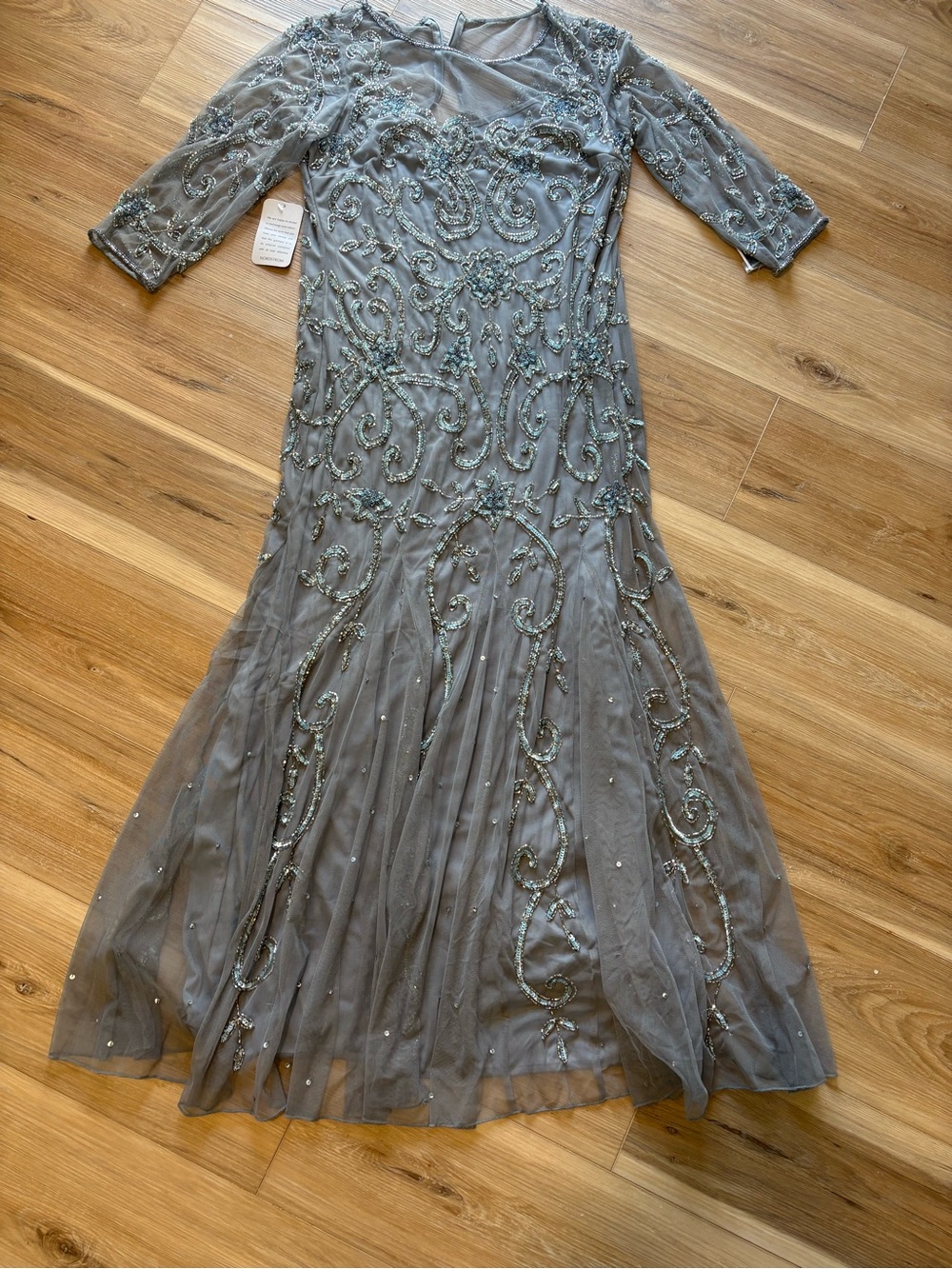 Pisarro Nights Beaded Sea Blue Beaded Illusion Neck Gown 8 *Flaw